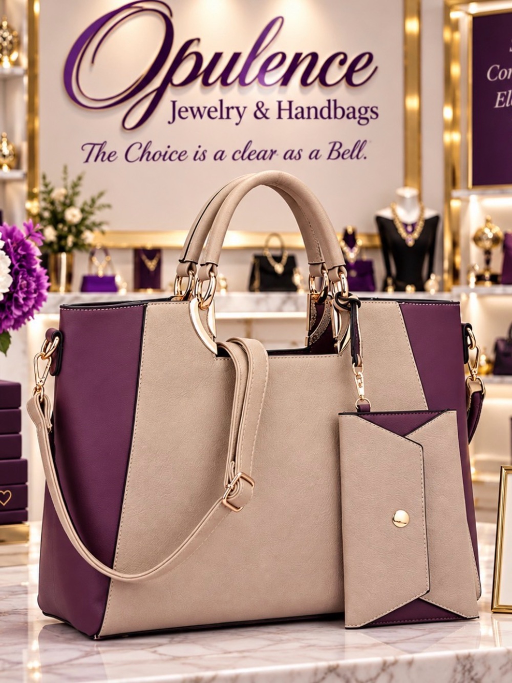Two-Tone Taupe & Plum Tote Bag with Matching Wallet